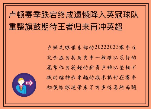 卢顿赛季跌宕终成遗憾降入英冠球队重整旗鼓期待王者归来再冲英超
